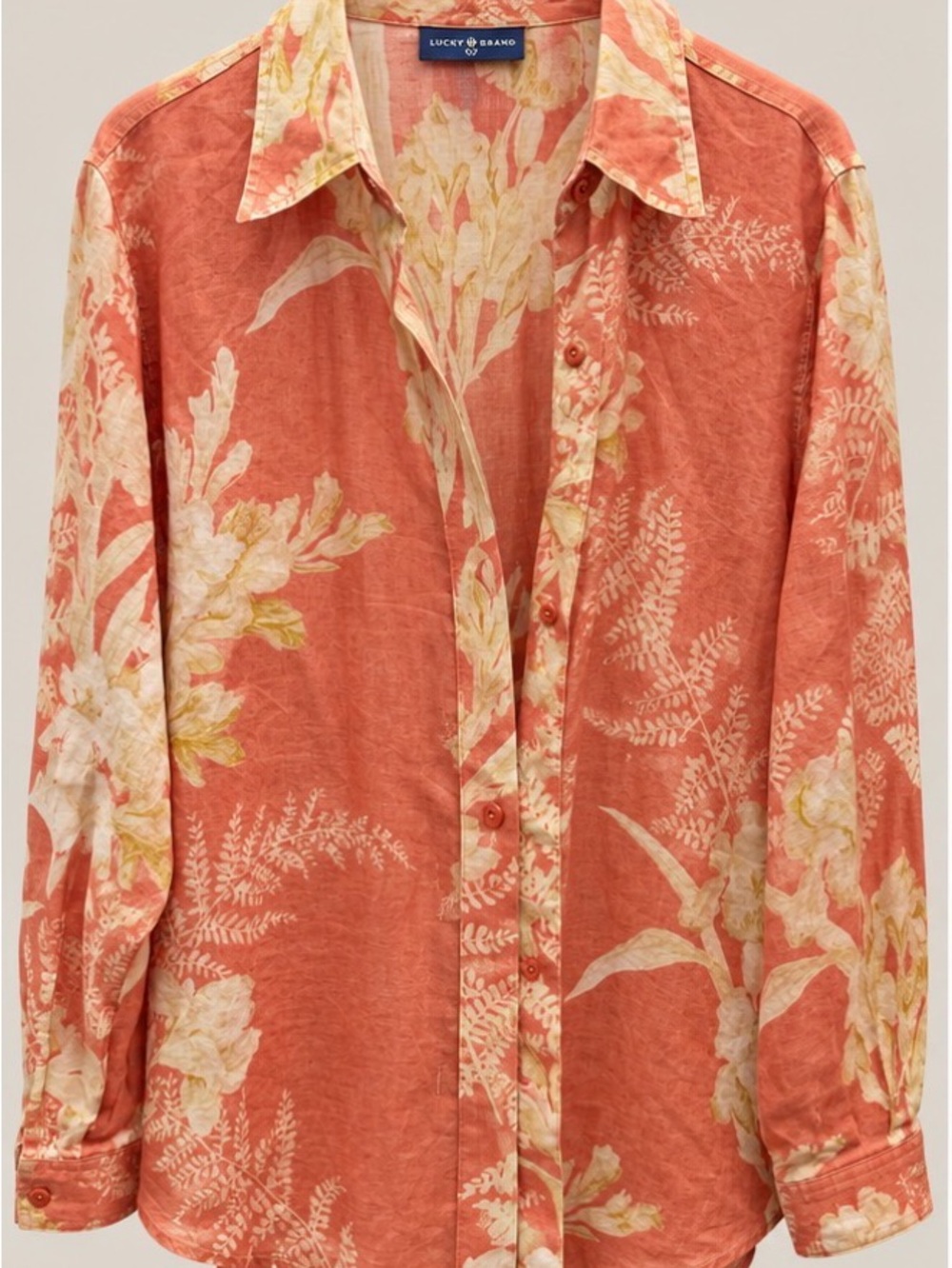 Liz Claiborne Coral and Cream Floral Button-Front Shirt - 100% Linen